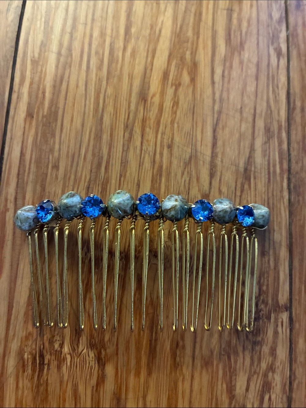 Hattie hair, accessories Gold Hair Comb with Blue Crystal and gray spike accents